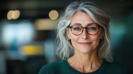 A gracefully aging woman with silver hair and glasses smiles warmly, embodying wisdom and experience while standing in a softly lit modern setting that exudes serenity.