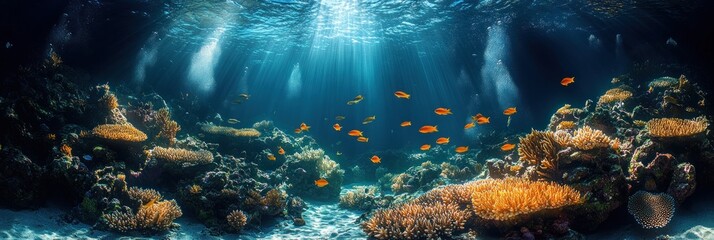 Fototapeta premium Underwater coral reef scene with vibrant fish swimming in sunlit ocean.