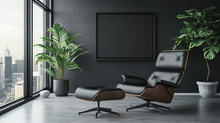 A stylish black chair and ottoman are positioned in a room, offering a scenic view through the window, enhancing the elegant ambiance.
