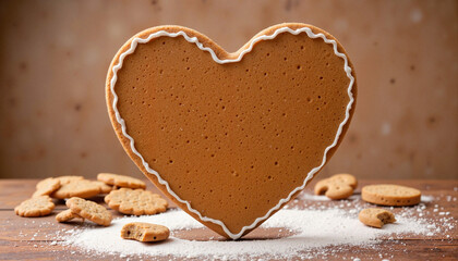 Heart-shaped gingerbread cookie on wooden table