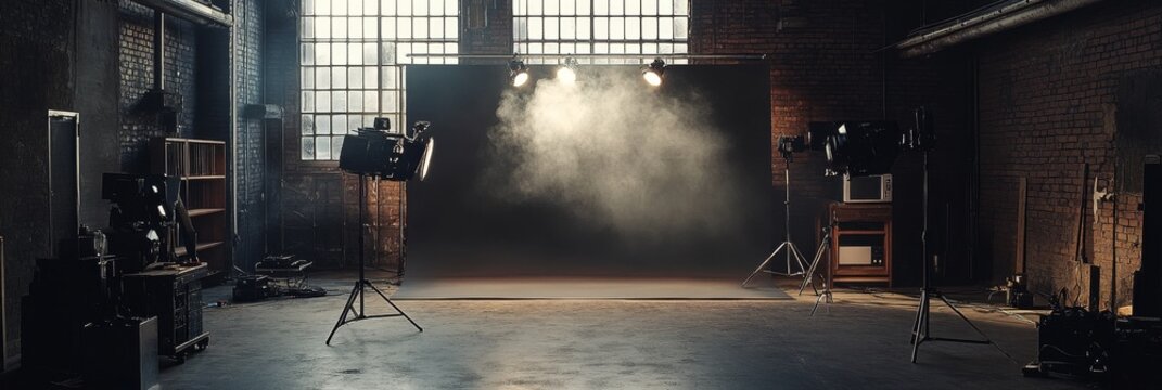 Industrial Loft Studio Setup - Empty studio in a rustic industrial loft space, ready for a photoshoot. Lighting equipment is set up, creating a moody atmosphere