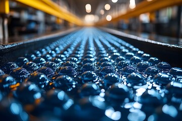 Fototapeta premium Reflective Glass Spheres on Industrial Conveyor for Manufacturing and Design
