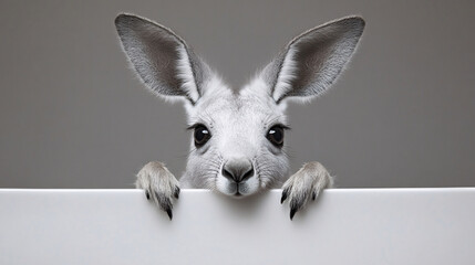 close up portrait of kangaroo with large ears and expressive eyes, peeking over blank banner, creating playful and curious atmosphere