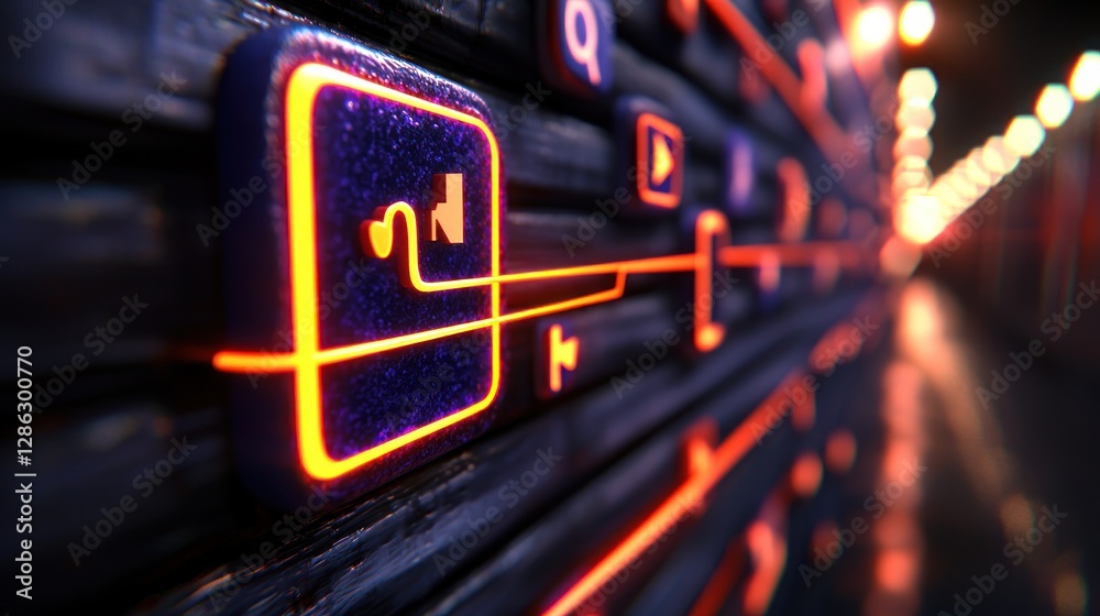 Poster abstract representation of digital icons and connections in a futuristic environment with glowing el
