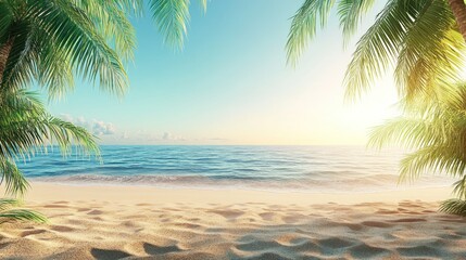 Obraz premium Tropical Beach Paradise View with Palm Trees, Sand, and Ocean