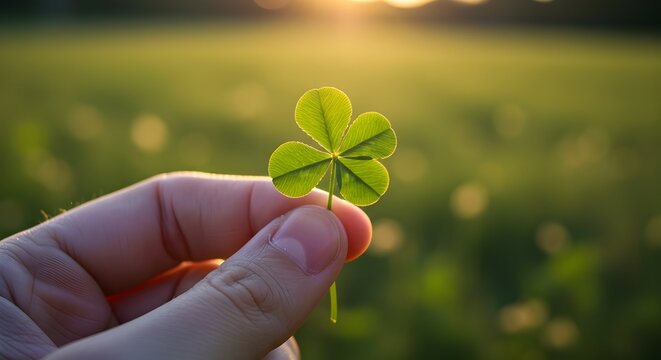 Tr&eacute;bol de cuatro hojas de la suerte sostenido suavemente en la mano: primer plano