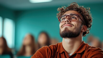 A cheerful young man wearing glasses gazes upward, embodying curiosity and positivity in a lively classroom environment filled with engaged students around him.