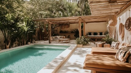 Swimming Pool and Lounge Area with Rustic Pergola in a Tropical Garden