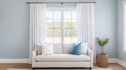 Cozy living room with a light sofa, curtains, and a decorative plant.