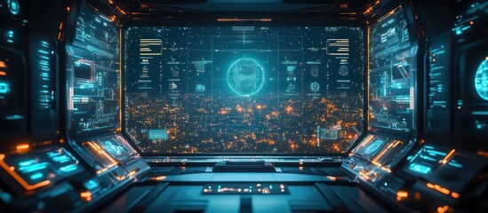 Obraz premium Futuristic spaceship control room with holographic city view and advanced interface.