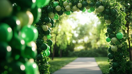 A vibrant balloon archway in lush greenery, creating a festive pathway for celebrations, events, or special occasions.