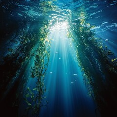 Obraz premium Vast underwater canyon, kelp stretching toward the light, large swirling bubbles, and soft coral glowing under warm sunbeams