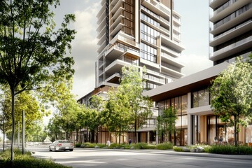 Modern Highrise Residential Complex with Retail Street Level and Tree Lined Street Exterior View with Daylight and Sunny Day Featuring Glass Facade and Modern Design Elements With Urban Perspective