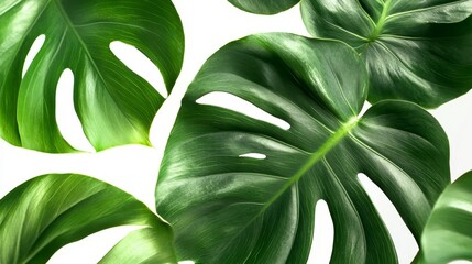 Obraz premium Lush Tropical Monstera Leaves - Vibrant green Monstera deliciosa leaves isolated on a white background. Perfect for tropical designs and nature themes
