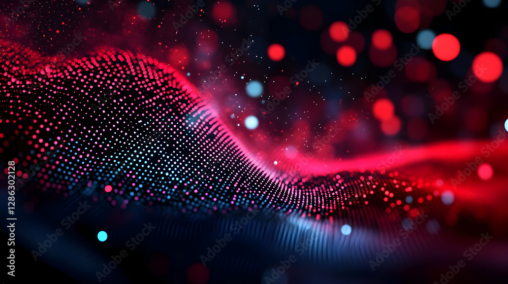 Poster dynamic abstract digital wave pattern with vibrant red and blue particles creating a captivating vis