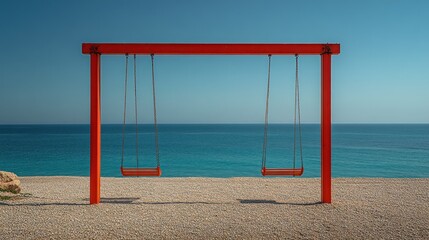 Red Swings on Beach Shore