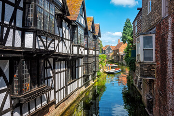 Historical houses on the Stour river in the Old town of Canterbury, Kent, England