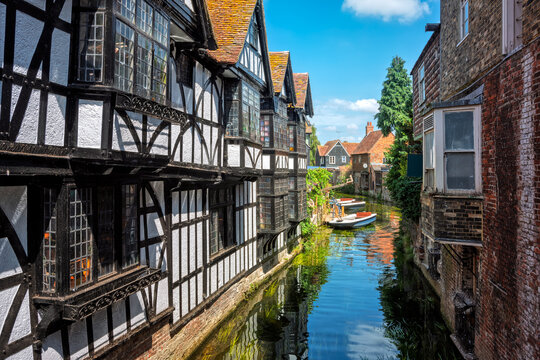 Historical houses on the Stour river in the Old town of Canterbury, Kent, England