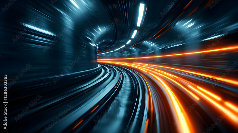 Poster dynamic view of a subway tunnel showcasing movement with vivid light trails representing speed and m