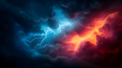Dynamic storm clouds illuminate the sky, showcasing vibrant flashes of lightning in shades of blue and red, capturing nature's power.