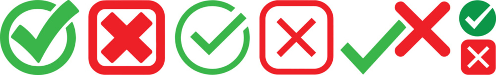 Obraz premium Green check mark and red cross icon featuring circle and square variations set. Includes tick symbols in green and cross symbols in red, designed in a clean, modern vector illustration style.