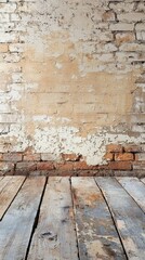 Weathered wooden surface surrounded by soft ambient light, highlighting a background of rustic brick wall with patches of flaking lime wash