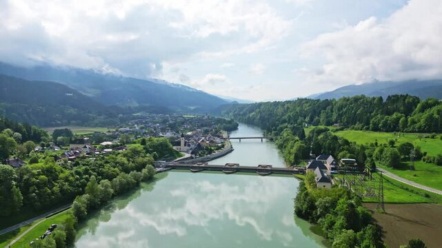 Hydro-electric power plant at the river Drau in Lavamuend, Austria. Aerial view