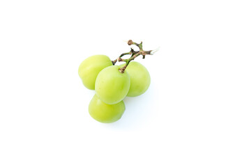 Fresh green grapes on a twig, isolated on a clean white background. Bright lighting highlights their natural, translucent quality