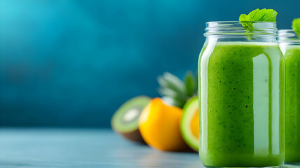 Fresh green smoothie in jars, surrounded by vibrant fruits, showcasing a healthy lifestyle and delicious nutrition.