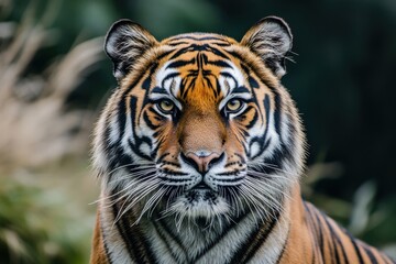 Fototapeta premium Majestic tiger portrait displaying intricate details and vibrant hues against a dark background, perfect for wildlife aficionados and nature photo collectors