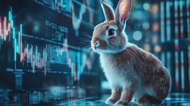A Cute Rabbit Observing Financial Market Data Screens