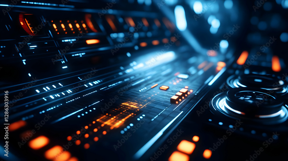 Poster futuristic control panel with glowing buttons and high-tech interfaces, perfect for demonstrating cu