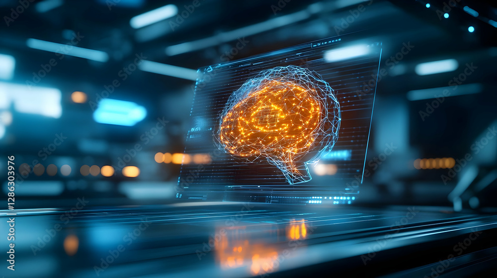 Poster futuristic digital brain visualization representing artificial intelligence and advanced technology 