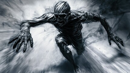 Zombies run towards the side of the screen blurring dynamic poses. Detailed hands have long fingers and sharp claws, and the high-speed motion blur effect creates a creepy feel