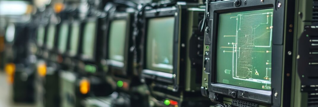Military Command Center Monitors - Row of military grade monitors displaying tactical data, showcasing advanced technology in a command center setting