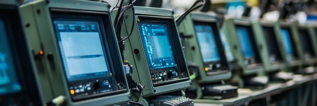 Military Communication Network: Secure Data Transmission - A row of military communication devices displays encrypted data, symbolizing security, technology, defense, connectivity