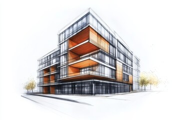 Modern Apartment Building Architectural Sketch Design - A contemporary apartment building design sketch, showcasing modern architecture, urban living, sustainable design, open space