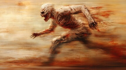 Zombies run towards the side of the screen blurring dynamic poses. Detailed hands have long fingers and sharp claws, and the high-speed motion blur effect creates a creepy feel