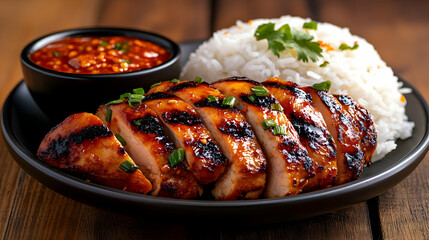 Succulent grilled chicken served with fragrant rice and a spicy dipping sauce, perfect for a delicious meal.