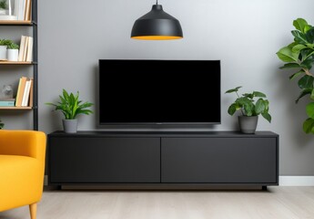 Modern living room interior with black TV stand, yellow armchair, and potted plants. Neutral wall, gray textured background, and black pendant lamp
