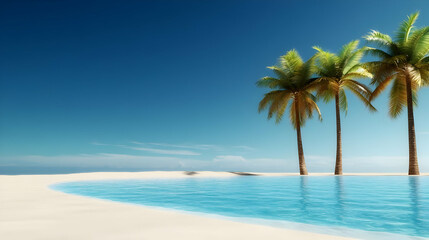 Fototapeta premium Tranquil beach scene featuring clear blue water, soft white sand, and lush palm trees under a bright blue sky.