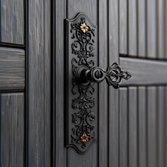 Ornate black metal door handle with intricate floral detailing on dark wooden door showcasing classic craftsmanship and vintage elegance