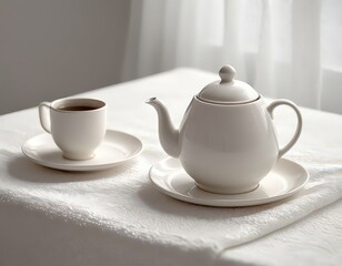 A cup of tea with a kettle. White only