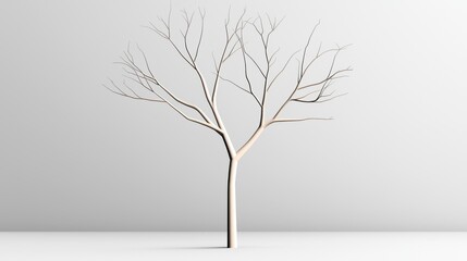 Obraz premium A minimalist, leafless tree stands against a plain background, showcasing its intricate branches and stark beauty in a modern design.