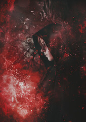 A mysterious hooded figure surrounded by swirling red mist, embodying mystery, fantasy, and magic. Ideal for gothic, dark fantasy, and storytelling visuals. 