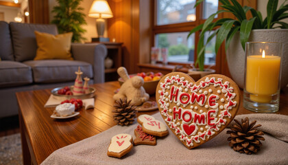 Decorative heart-shaped cookie on wooden table at home