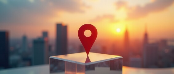 Innovative Location Pin Over Digital Map at City Sunset
