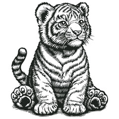 Vector illustration of a cute tiger cub sitting. Vintage engraving style. Great for animal, wildlife, or baby themed designs. Black and white. 