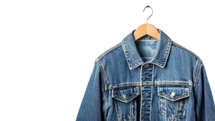 Denim jacket hanging on a wooden hanger against a clean white background showcasing a classic fashion piece for casual wear