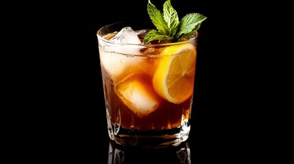 Fototapeta premium Refreshing Brown Cocktail with Lemon and Mint in a Rocks Glass with Ice Cubes and Garnishings of Lemon and Mint and Citrus Fruit Slices in Clear Glassware on Dark Background for Photography Shot for